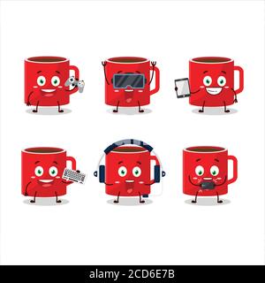 Glass of coffee cartoon character are playing games with various cute emoticons Stock Vector