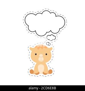 Cute cartoon camel with speech bubble sticker. Kawaii character on white background. Cartoon sitting animal postcard clipart for birthday, baby shower Stock Vector