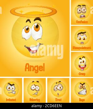 Set of different faces emoji with its description on yellow background illustration Stock Vector