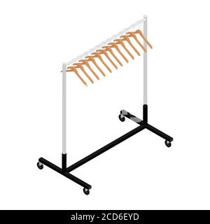 Empty clothing wardrobe rack with hangers isometric view isolated on white background vector Stock Vector