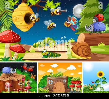 Set of different insects living in the garden background illustration Stock Vector
