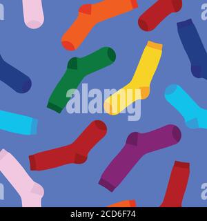 Multi-colored socks on a blue background seamless pattern. View from above. Many different socks for cold seasons. Socks are scattered on a bright bac Stock Vector
