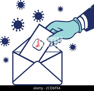 Retro style illustration of an American voter with glove hand voting during pandemic covid-19 coronavirus lockdown putting ballot or vote inside posta Stock Vector