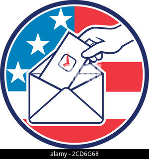 Retro style illustration of a hand of an American voter putting ballot or vote inside postal ballot envelope with USA stars and stripes flag inside ci Stock Vector