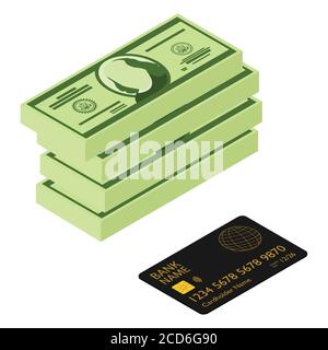 Black bank credit debit card and cash dollars isolated on white background. Payment methods, cash-out, smart investment, business, cash withdrawal, bu Stock Vector