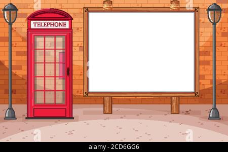 Blank wooden frame in city on brick wall background illustration Stock Vector