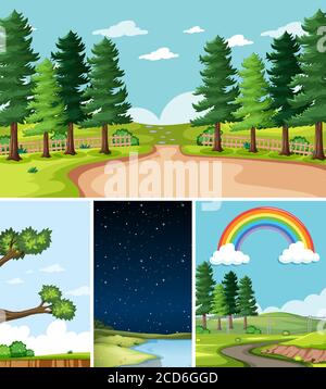 Four different scenes in nature setting cartoon style illustration Stock Vector