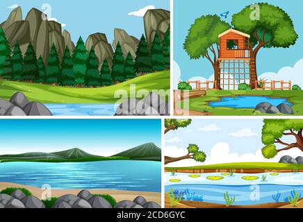 Four different scenes in nature setting cartoon style illustration Stock Vector