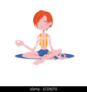 Cute cartoon character girl sitting in lotus position and meditating. A healthy lifestyle, a good habit. Vector illustration Stock Vector