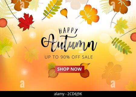 Autumn season advertising banner. Autumn falling red, yellow, orange, brown leaves on bright background. Sale banner template or promo poster. Stock Vector
