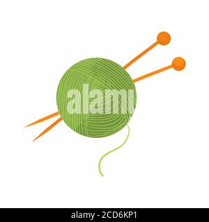 Ball of green yarn with orange knitting needles. Vector illustration with flat design and texture, isolated on white background. Cartoons style. Stock Vector