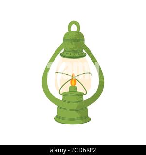 Icon of green lantern with fire. Vector illustration in flat cartoons design. Isolated on white background. Symbol of fall and camping. Stock Vector