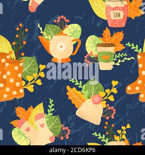 Vector seamless pattern with autumns cozy object and falls leaves and floral. Bright repeated texture for fall season. Wrapping paper. Harvest time. A Stock Vector