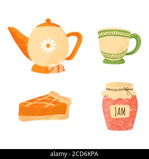 Tea party elements set. Collection with pot, teacup, pie and jam. Vector illustration in flat cartoons style. Isolated on white background. Autumn sym Stock Vector
