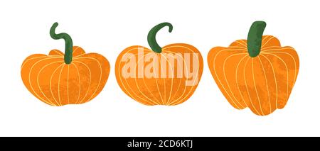 Set of pumpkins isolated on white background. Vectors pumpkins icons in flat cartoons style with texture. Elements for your design works. Halloween an Stock Vector
