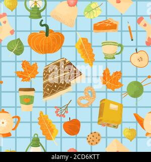Vector seamless pattern with autumns cozy object and falls leaves and floral. Bright repeated texture for fall season. Wrapping paper. Harvest time. A Stock Vector