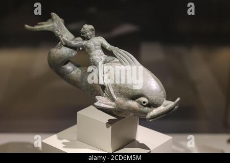 Eros on Dolphin Statue in Ephesus Museum, Selcuk Town, Izmir City, Turkey Stock Photo