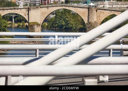 Ourense old roman bridge and milenio bridge.  Travel in Spain Stock Photo