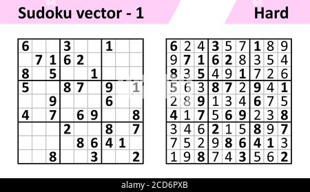 Sudoku game with answers. Simple vector design set Sudoku. Blank template. Complexity of the task is hard. Stock Vector