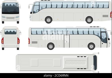 Coach bus vector template with simple colors without gradients and effects. View from side, front, back, and top Stock Vector