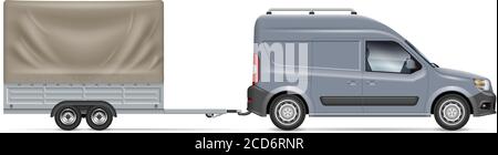 Van towing a trailer tent vector illustration. Side view of car on white background Stock Vector