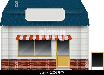 Store or cafe front view on white background. Isolated vector illustration of exterior facade building Stock Vector