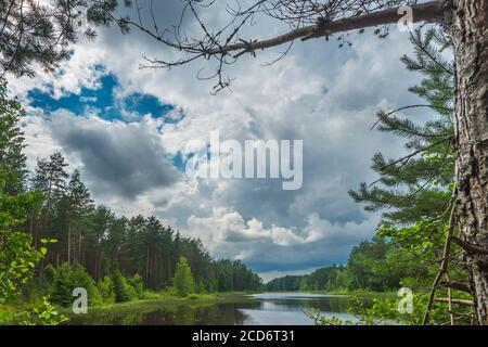 Sunset, Sunrise Summer Landscape.Beautiful Nature.Blue Sky, amazing colorful clouds.Natural Background.Artistic Wallpaper.Lake, sun. Stock Photo