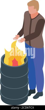 Jobless man at fire barrel icon, isometric style Stock Vector
