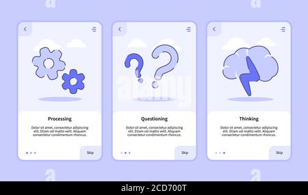 Processing questioning thinking onboarding screen for mobile apps template banner page UI with three variations modern flat outline style Stock Vector