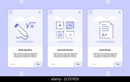 Write equation calculate answer exam result onboarding screen for mobile apps template banner page UI with three variations modern flat outline style Stock Vector
