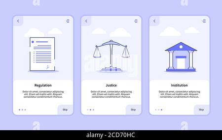 Regulation justice institution onboarding screen for mobile apps template banner page UI with three variations modern flat outline style Stock Vector