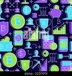 Digital money seamless pattern in line style. Alternative currency wallpaper with bitcoin symbols. Vector illustration. Stock Vector