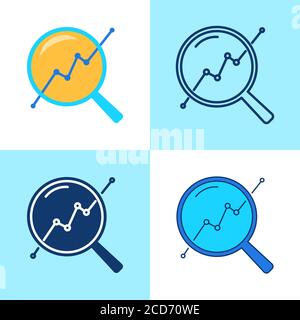 Progress monitoring icon set in flat and line style. Data audit symbol. Magnifying glass and line chart. Vector illustration. Stock Vector