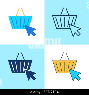 E-commerce icon set in flat and line style. Online shopping concept. Shop basket and cursor arrow symbol. Vector illustration. Stock Vector