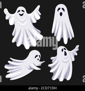 Flat illustration with white ghosts on black background for decoration design. Halloween Vector illustration.  Stock Vector