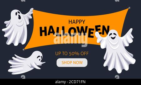 Flat illustration with ghosts on dark background for banner design. Abstract vector illustration Stock Vector