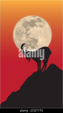 Chamois silhouette in front of the moon on the rock Stock Vector