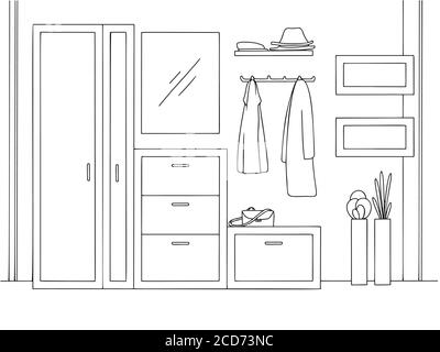Sketch interior. Hallway furniture, various decorations and other elements. Vector illustration in sketch style. Stock Vector