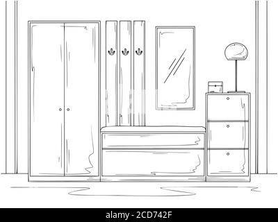 Sketch interior. Hallway furniture, various decorations and other elements. Vector illustration in sketch style. Stock Vector
