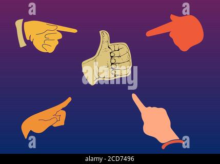 Vector hands icons set: several type of pointer fingers fists anf okay gesture in simple free hand drawing style Stock Vector