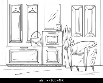 Sketch interior. Hallway furniture, various decorations and other elements. Vector illustration in sketch style. Stock Vector