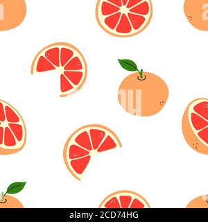Citrus fruit. Grapefruit whole and cut, half and slices. Vitamin C. Vector seamless pattern with elements in warm colors isolated on white. Endless Stock Vector