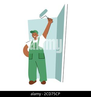 Painter man painting house wall with roller brush. Worker guy using paint-roller. Flat vector character illustration Stock Vector