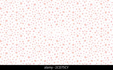 Pink flower petal seamless pattern in japanese style on white background. Blooming cherry. Fashion print for greeting card design. Spring blossom. Romantic illustration. Stock Vector
