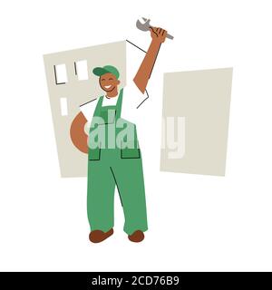 Flat style illustration of a plumber or repair worker happy smiling on a background of several houses Stock Vector
