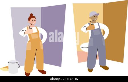 Flat style illustration of a plumber man and repair worker woman happy smiling on a background of their works. Stock Vector