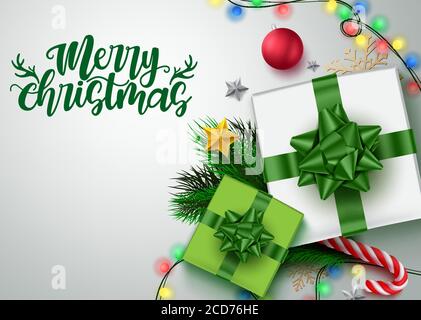Merry christmas background vector template. Merry christmas greeting text with green gifts and colorful xmas decor elements and empty space. Stock Vector