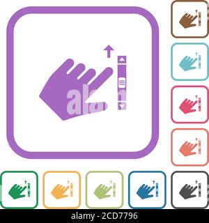 Left handed scroll up gesture simple icons in color rounded square frames on white background Stock Vector