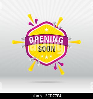 Yellow and Pink Opening Soon Banner Vector in Creative style Hexagon Shape with 3D Triangle Shapes on radial Gradient grey background for promotion & Stock Vector