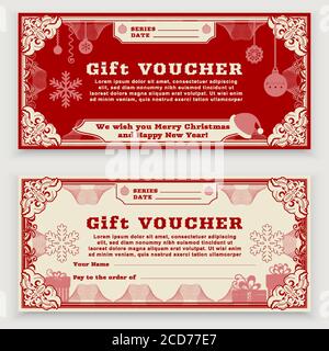Christmas vintage Voucher template with floral border, snowflakes and christmas balls. Gift coupon Stock Vector